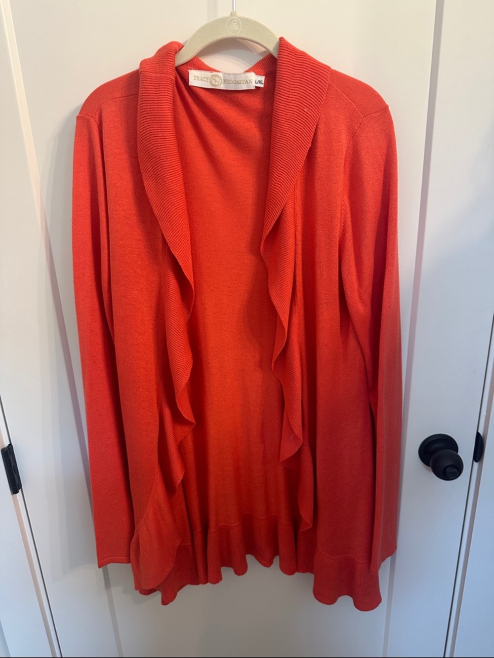 Tracy Negoshian Bright Orange Ruffle-Front Open Cardigan